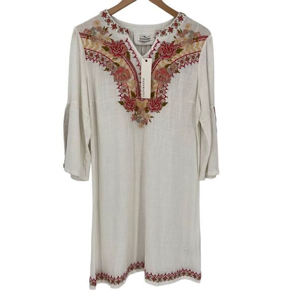 Paparazzi Gianna Linen Blend Embroidered Knee Length Dress Ivory Boho Medium - Picture 2 of 7